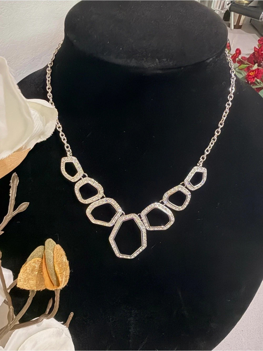 Touchstone Crystal By Swarovski Geometric Rhinestone Statement Necklace in Silve